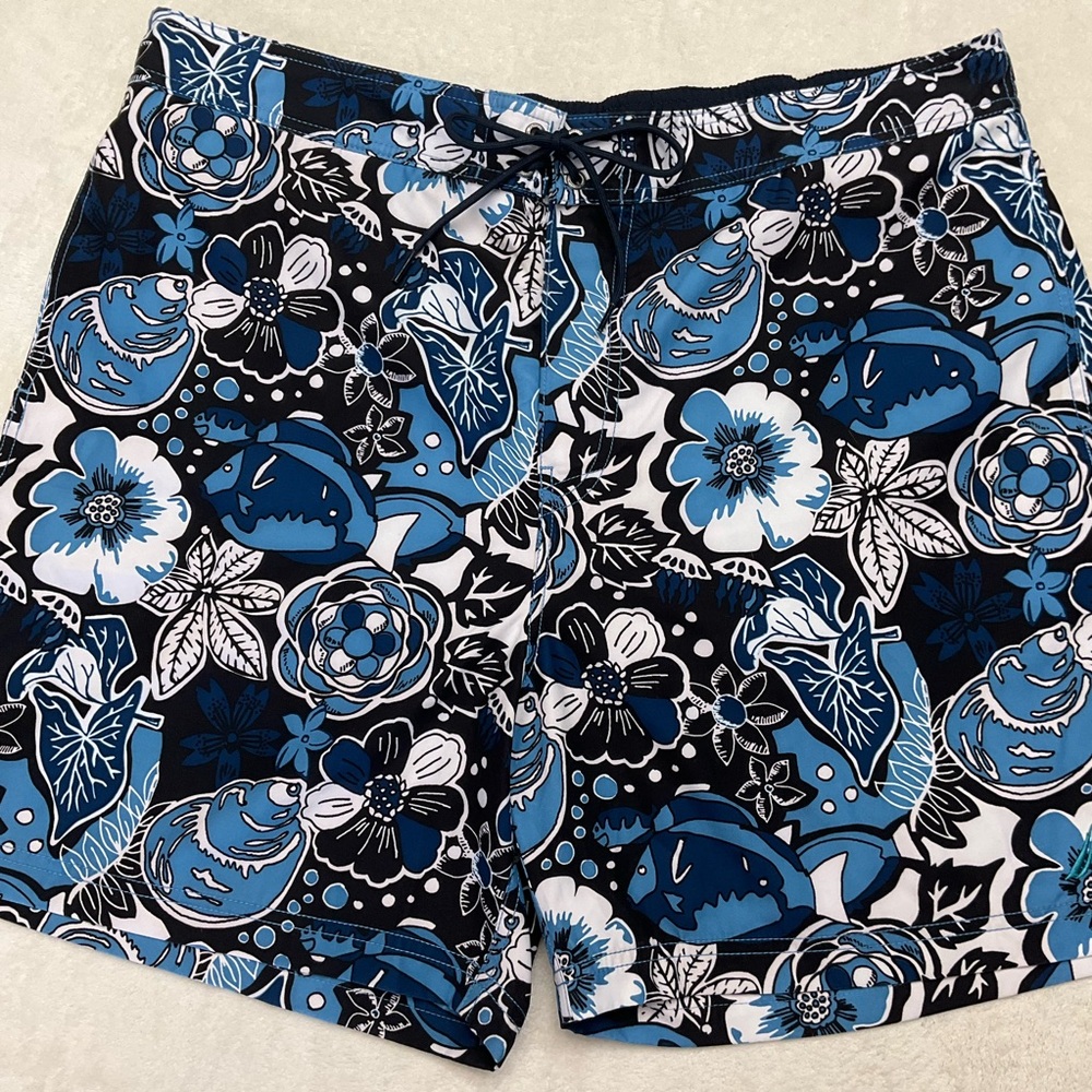 NAUTICA Blue Black Tropical Floral Swim Trunks Shorts Mens XXL 10” Inseam